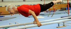 The 86-year-old Johanna Quaas, the oldest active gymnast in the world according to ??the Guinness Book of World Records, attends a weekly exercises on uneven bars on November 6, 2012 in her hometown Halle, center Germany. The gymnast who celebrates her 87 birthday on November 20 still takes part in competitions. AFP PHOTO/ Waltraud Grubitzsch/GERMANY OUT (Photo credit should read WALTRAUD GRUBITZSCH/AFP/Getty Images)