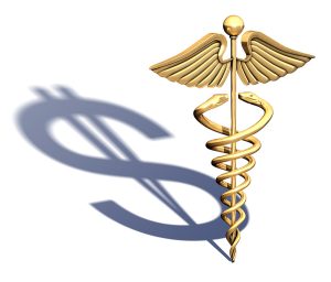 Chrome caduceus casting a shadow of a dollar on a white background